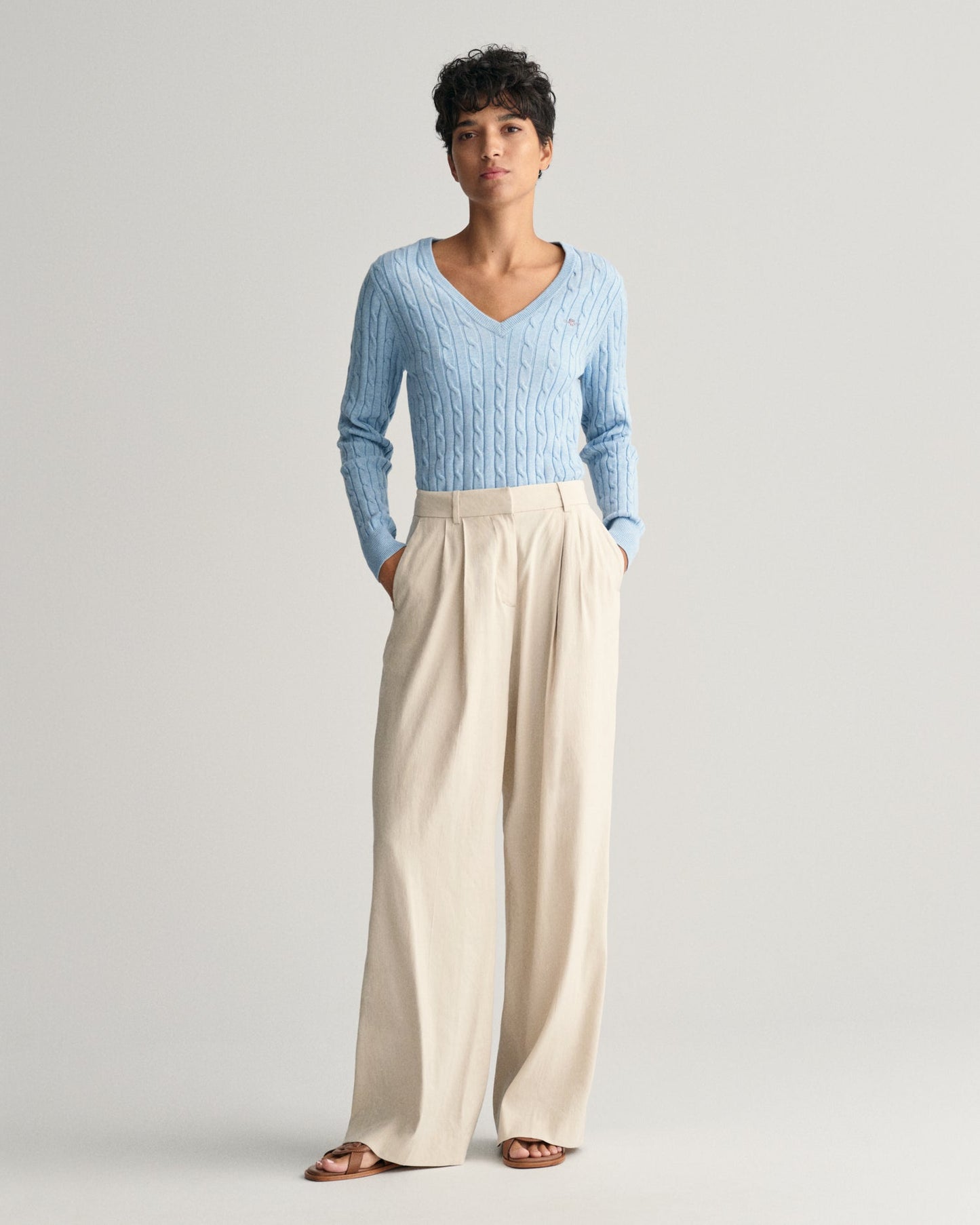 Women's Stretch Cotton Cable Knit V-Neck Sweater - DOVE BLUE