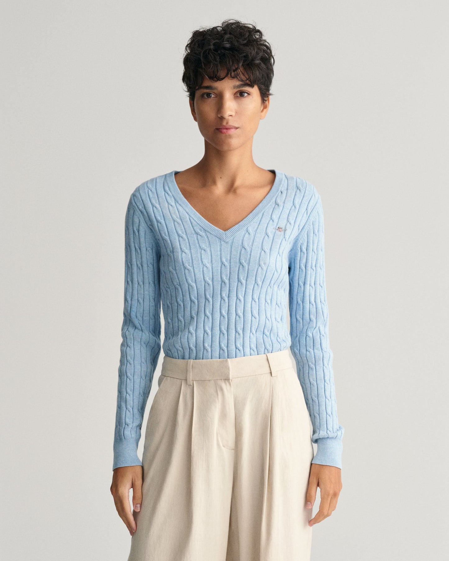 Women's Stretch Cotton Cable Knit V-Neck Sweater - DOVE BLUE