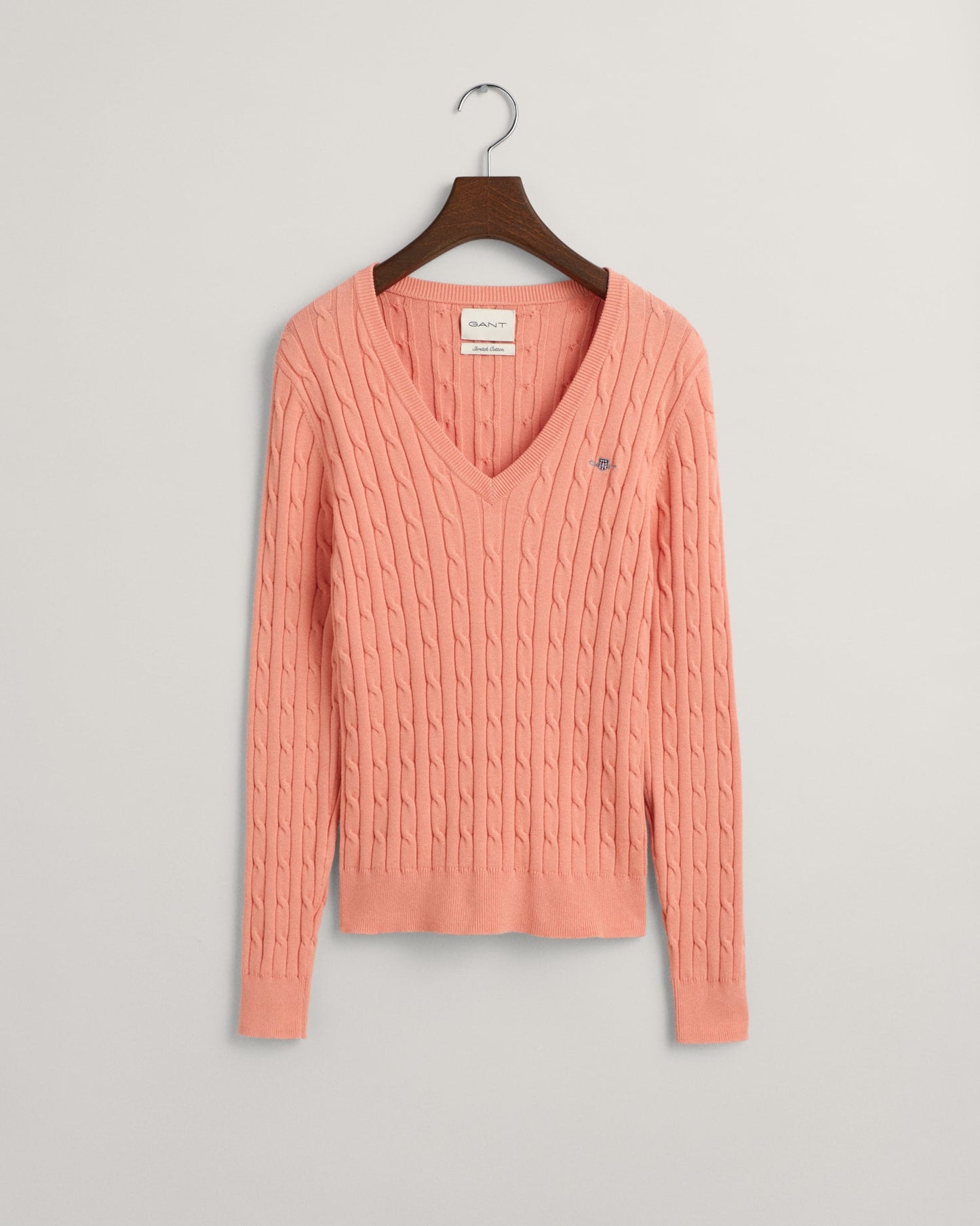 Women's Stretch Cotton Cable Knit V-Neck Sweater - PEACHY PINK