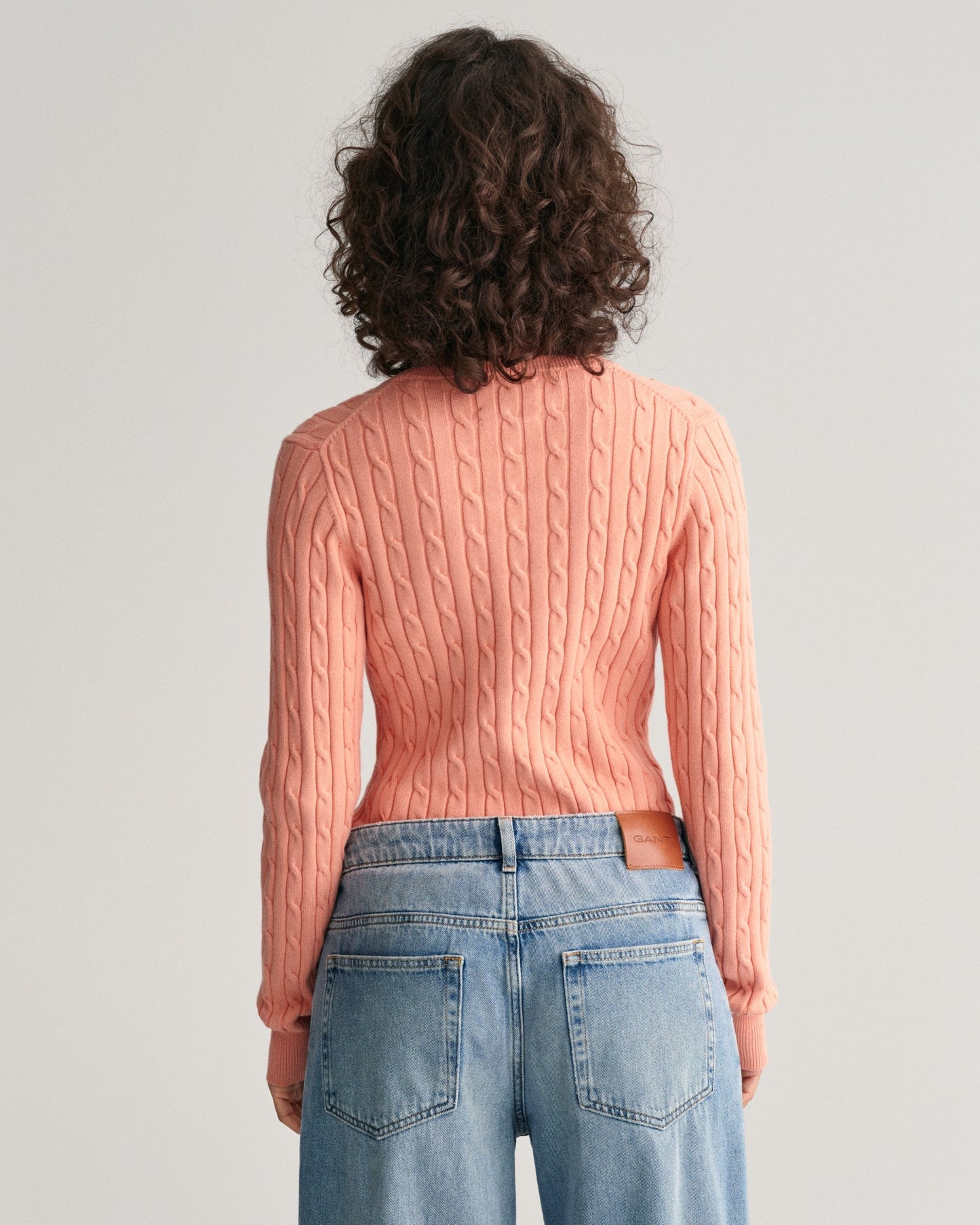 Women's Stretch Cotton Cable Knit V-Neck Sweater - PEACHY PINK