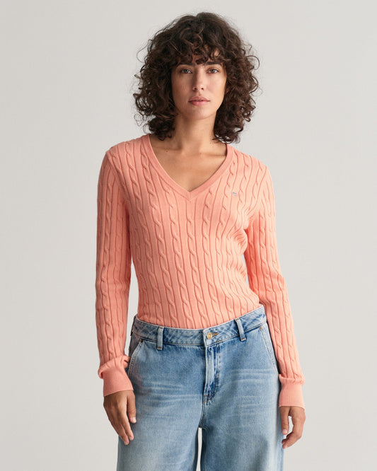 Women's Stretch Cotton Cable Knit V-Neck Sweater - PEACHY PINK