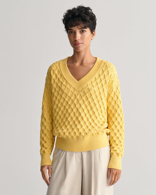 Women's Textured Knit V-Neck Sweater - DUSTY YELLOW