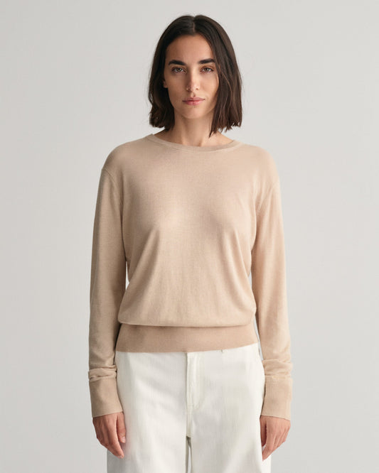 Women's Fine Knit Crew Neck Sweater - DRY SAND