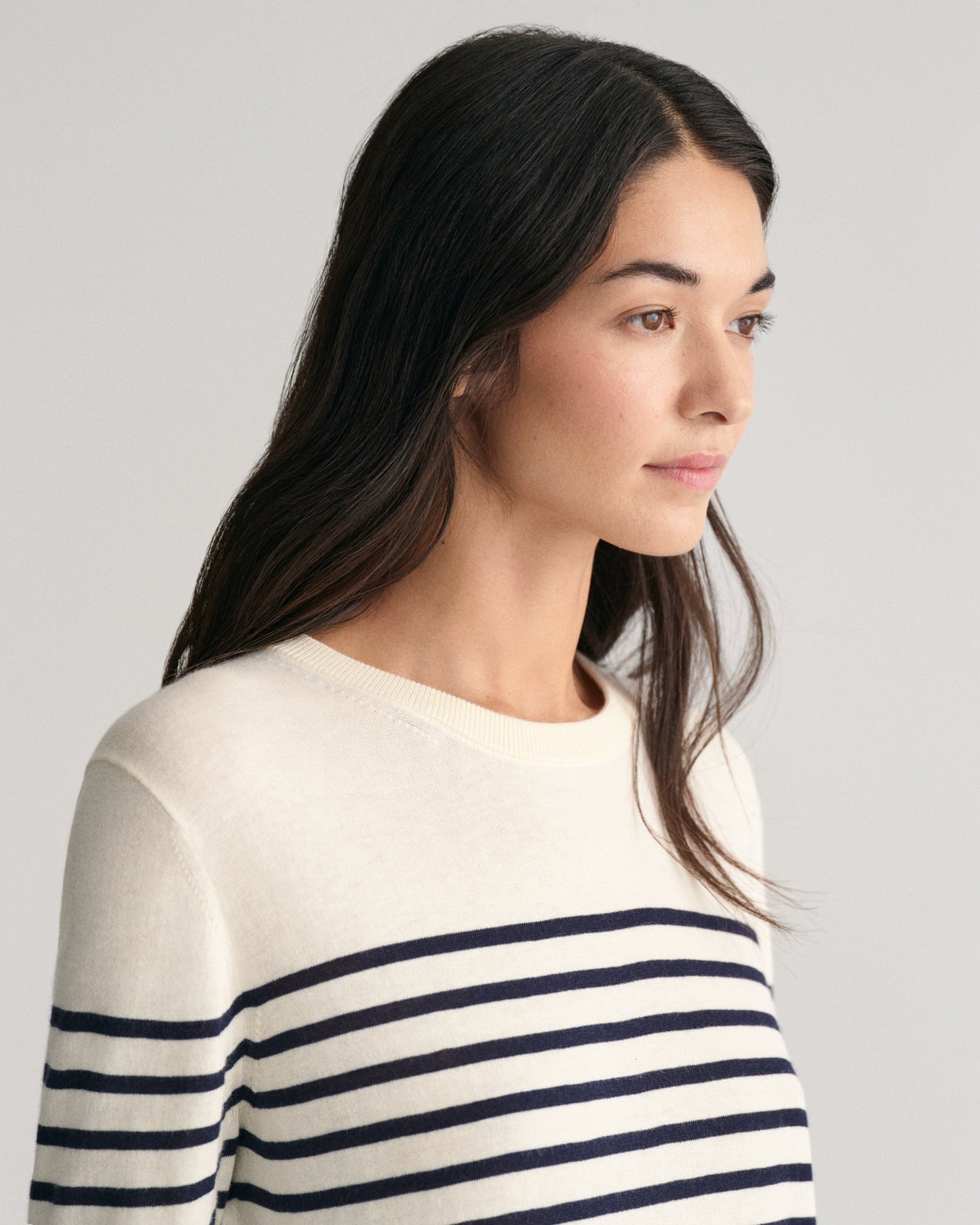 Women's Fine Knit Striped Crew Neck Sweater - CREAM