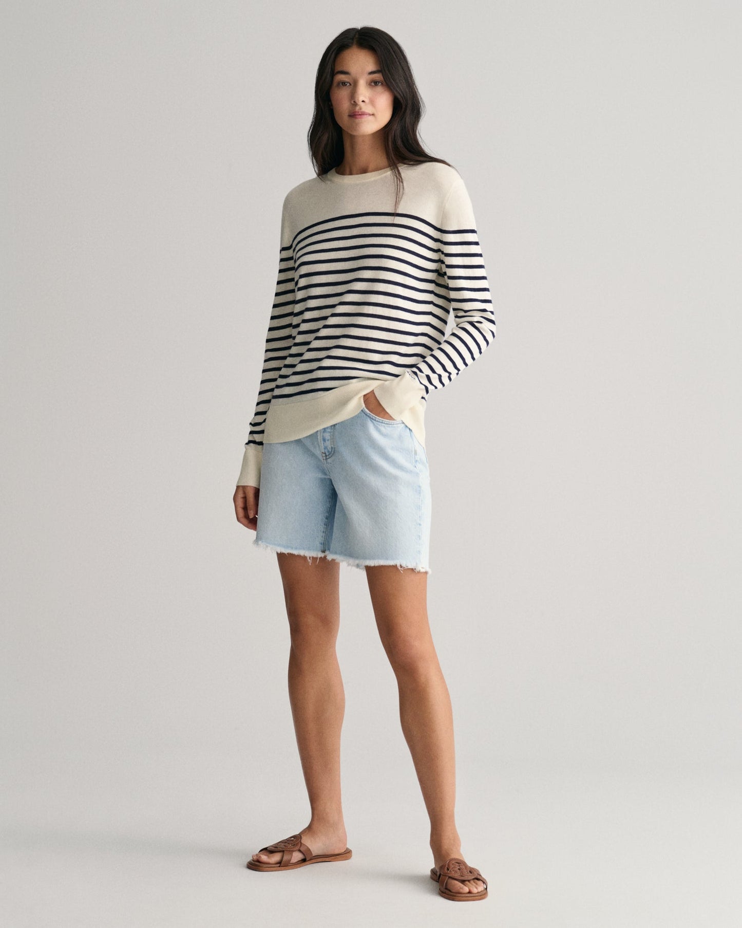 Women's Fine Knit Striped Crew Neck Sweater - CREAM