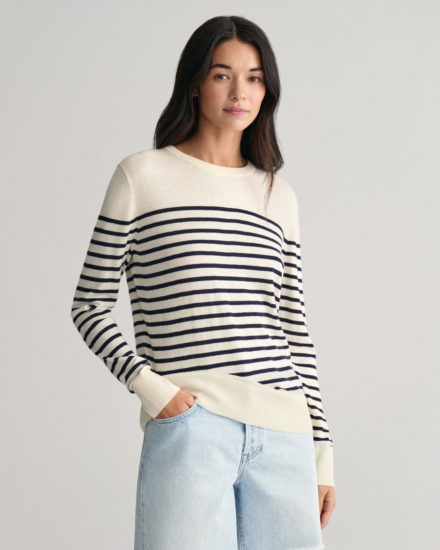 Women's Fine Knit Striped Crew Neck Sweater - CREAM