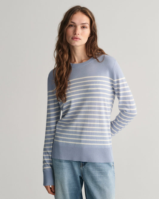 Women's Fine Knit Striped Crew Neck Sweater - DOVE BLUE