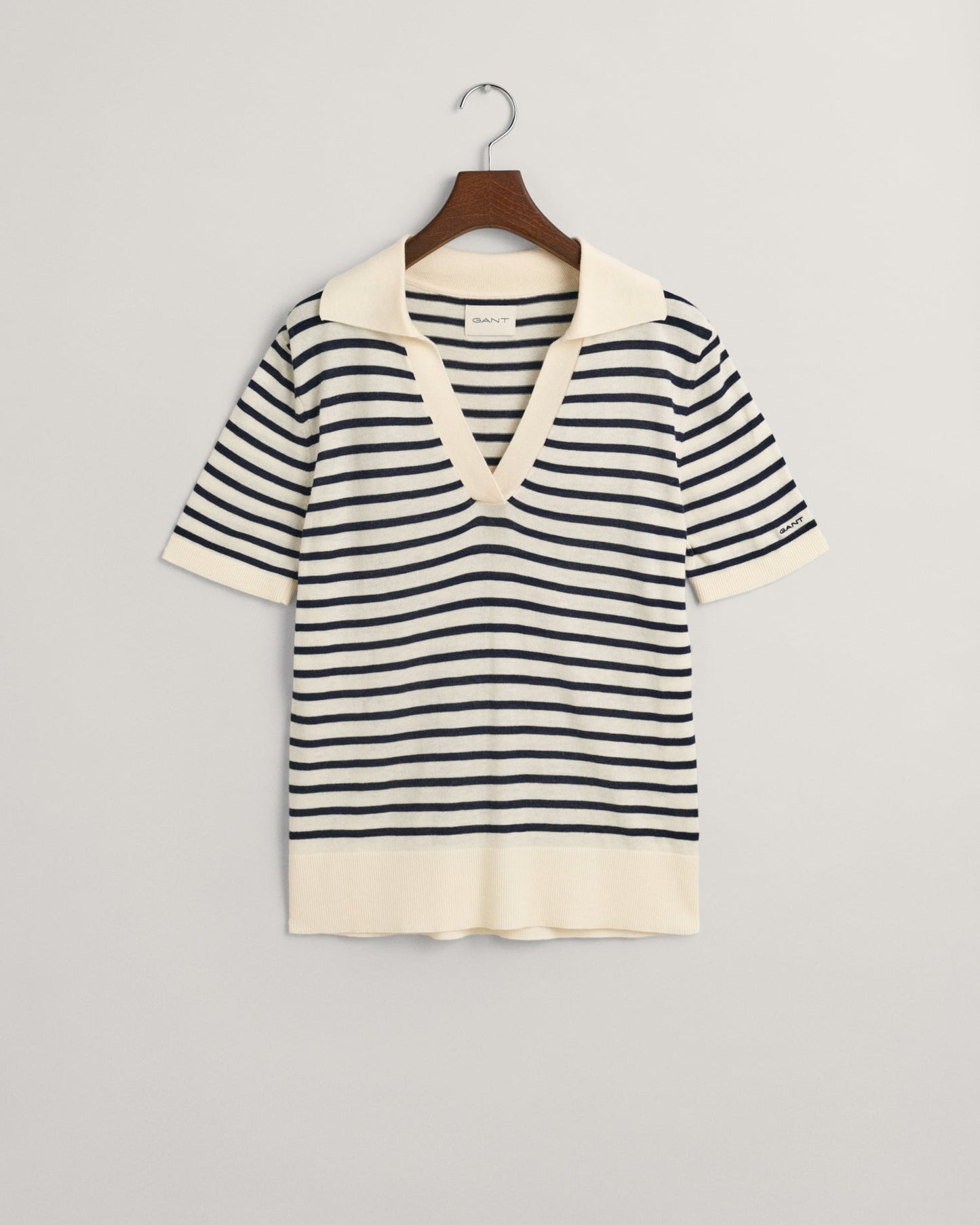 Women's Fine Knit Striped Short Sleeve Rugger - CREAM