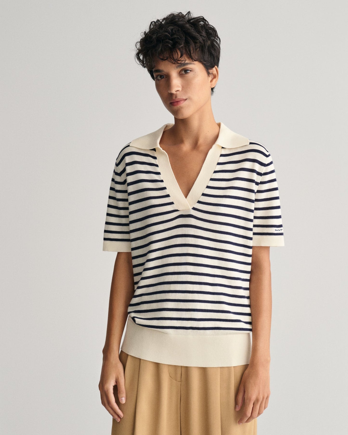 Women's Fine Knit Striped Short Sleeve Rugger - CREAM