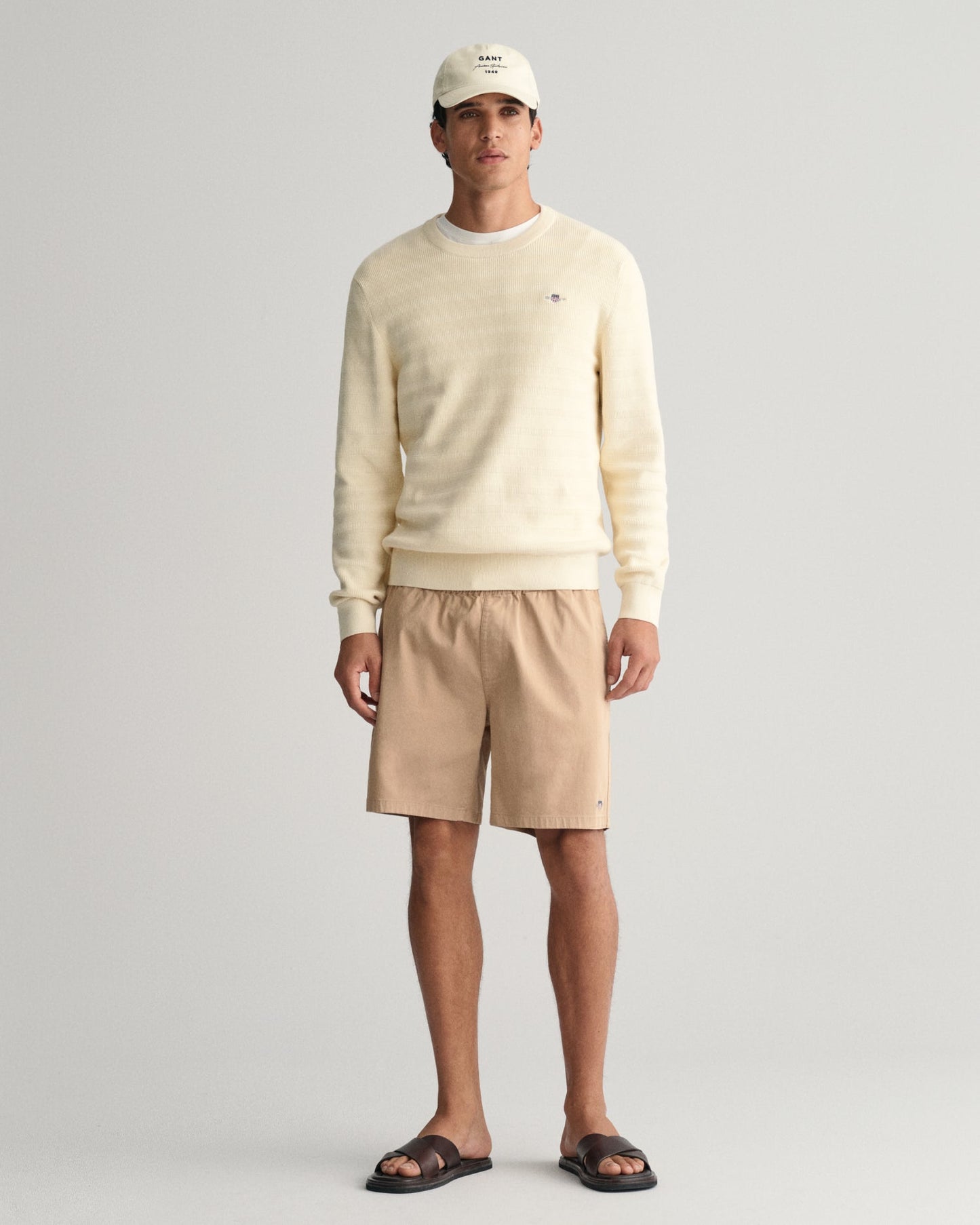 Men's Striped Textured Cotton Crew Neck Sweater - CREAM