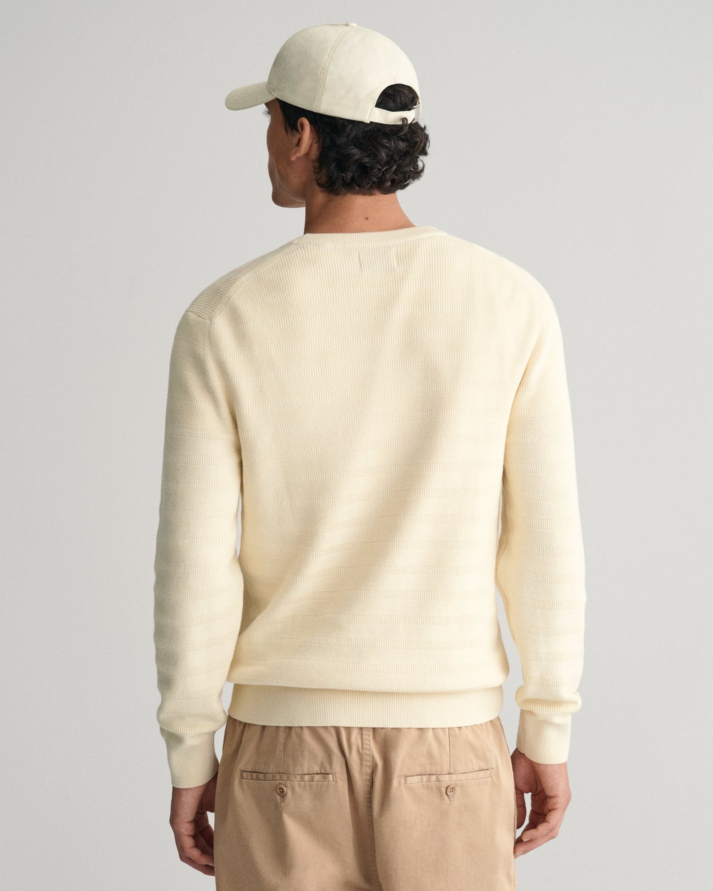 Men's Striped Textured Cotton Crew Neck Sweater - CREAM