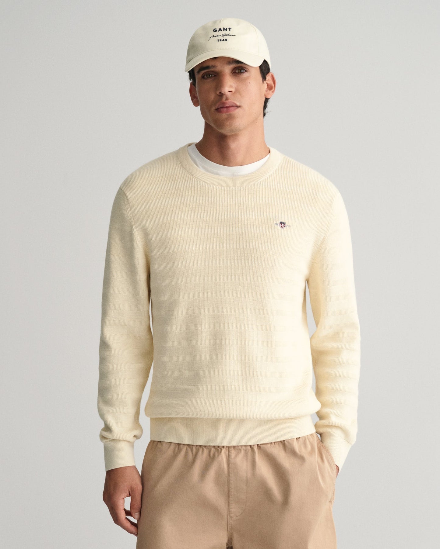 Men's Striped Textured Cotton Crew Neck Sweater - CREAM