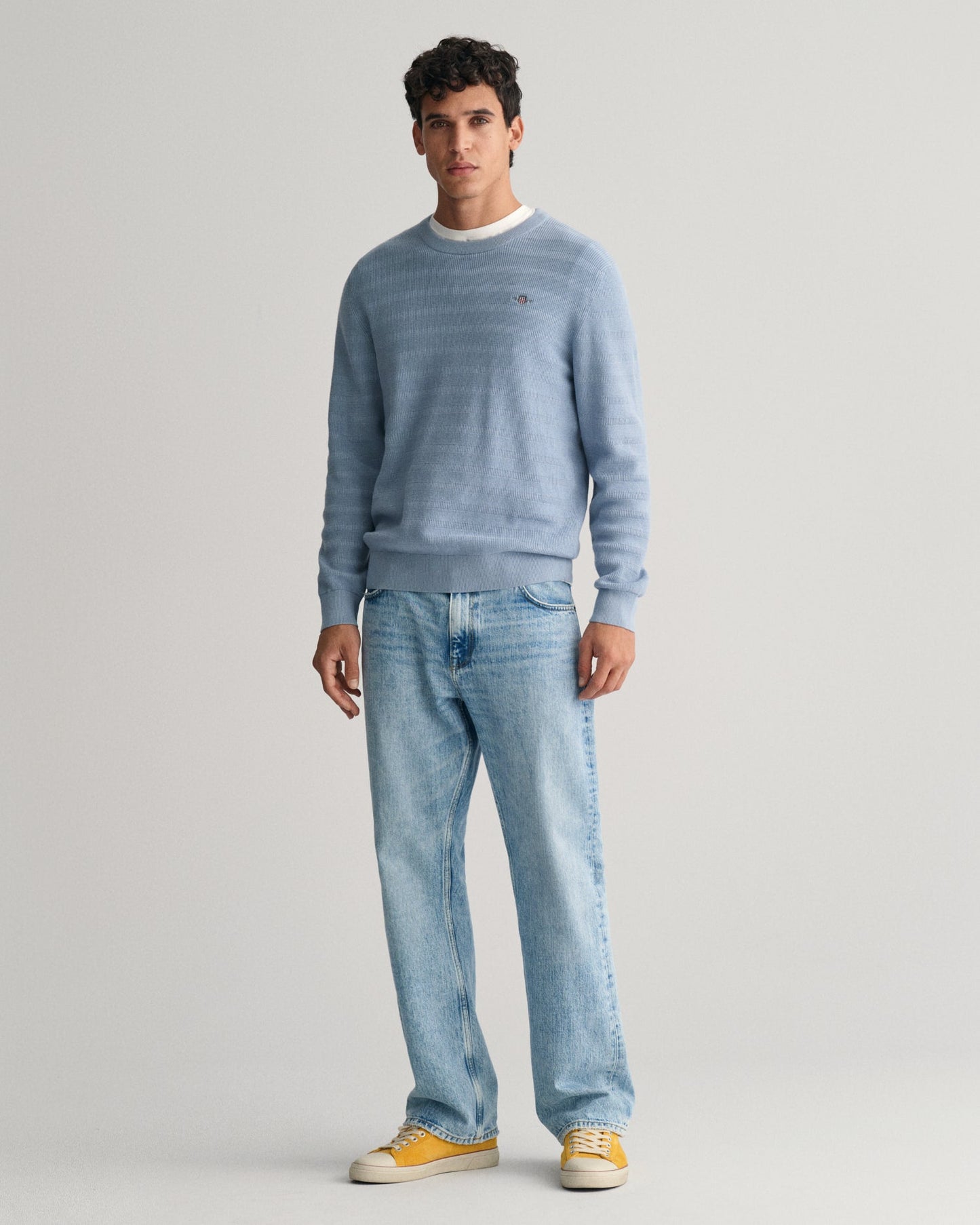 Men's Striped Textured Cotton Crew Neck Sweater - DOVE BLUE