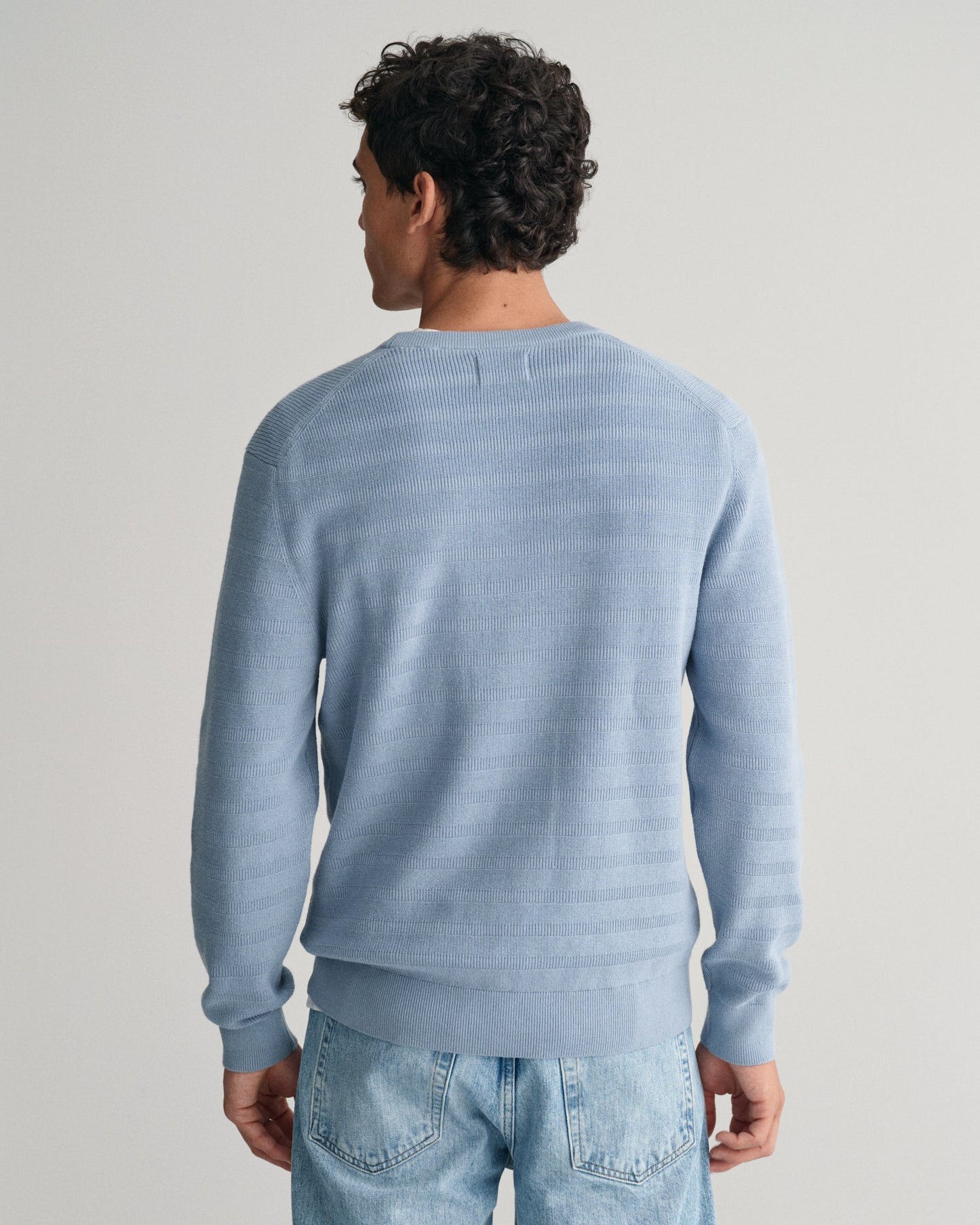 Men's Striped Textured Cotton Crew Neck Sweater - DOVE BLUE