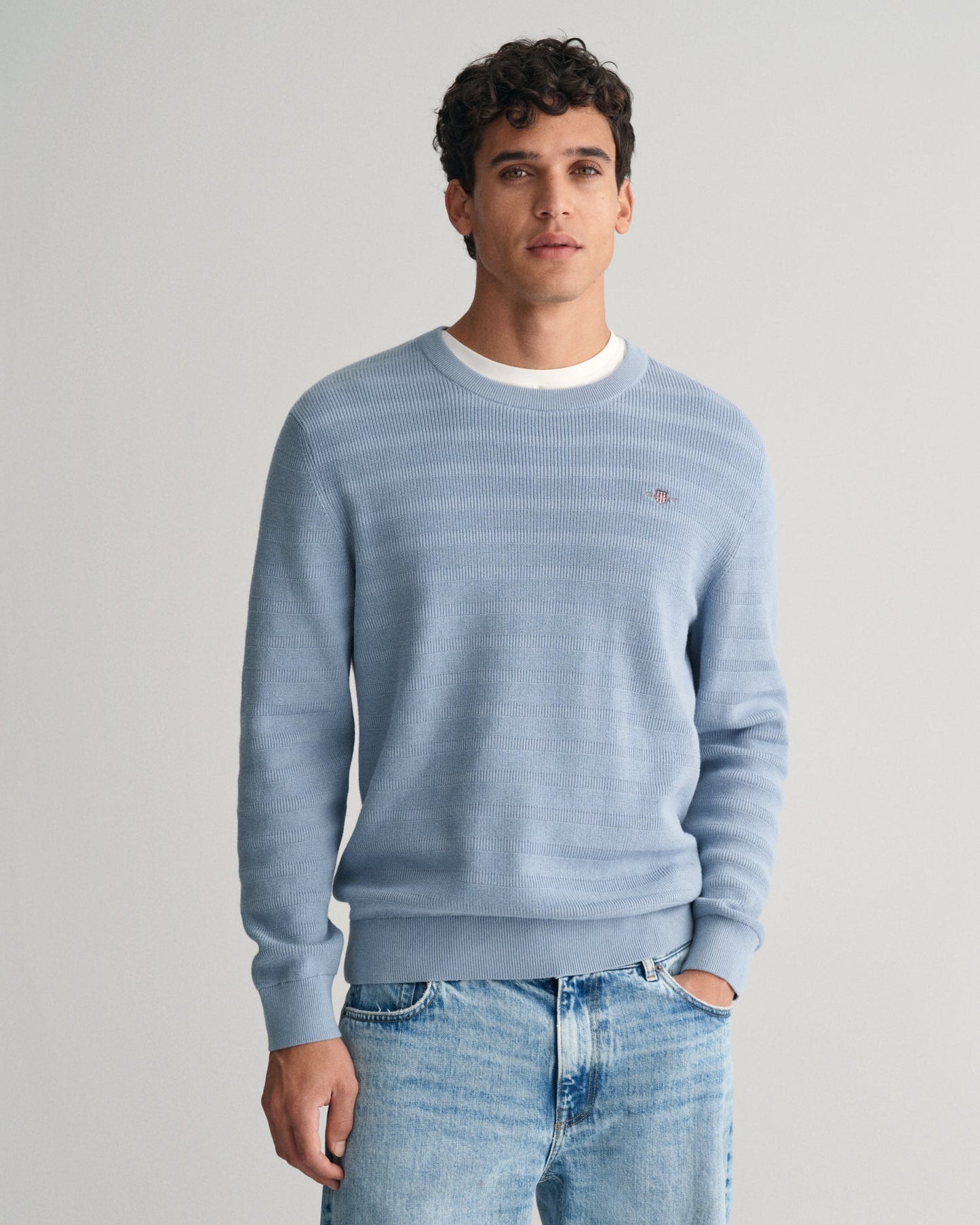 Men's Striped Textured Cotton Crew Neck Sweater - DOVE BLUE