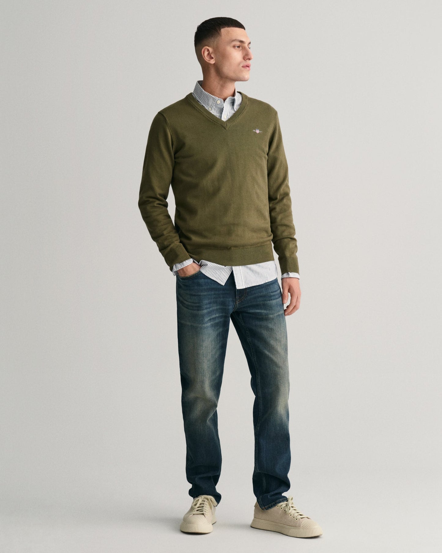 Men's Classic Cotton V-Neck Sweater - JUNIPER GREEN