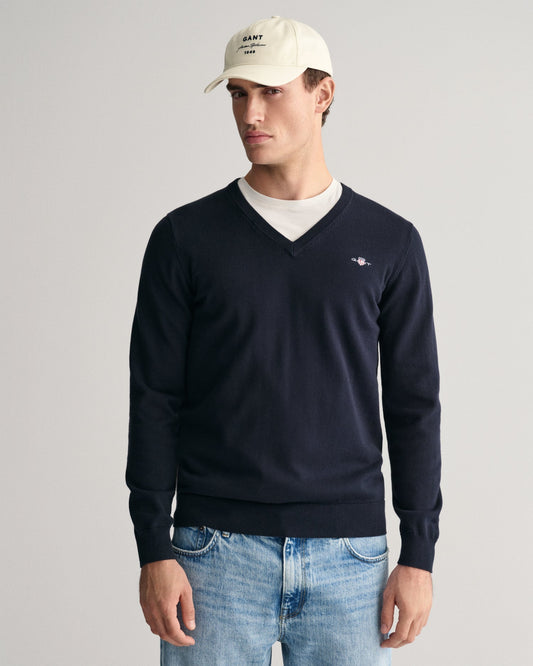 Men's Classic Cotton V-Neck Sweater - EVENING BLUE