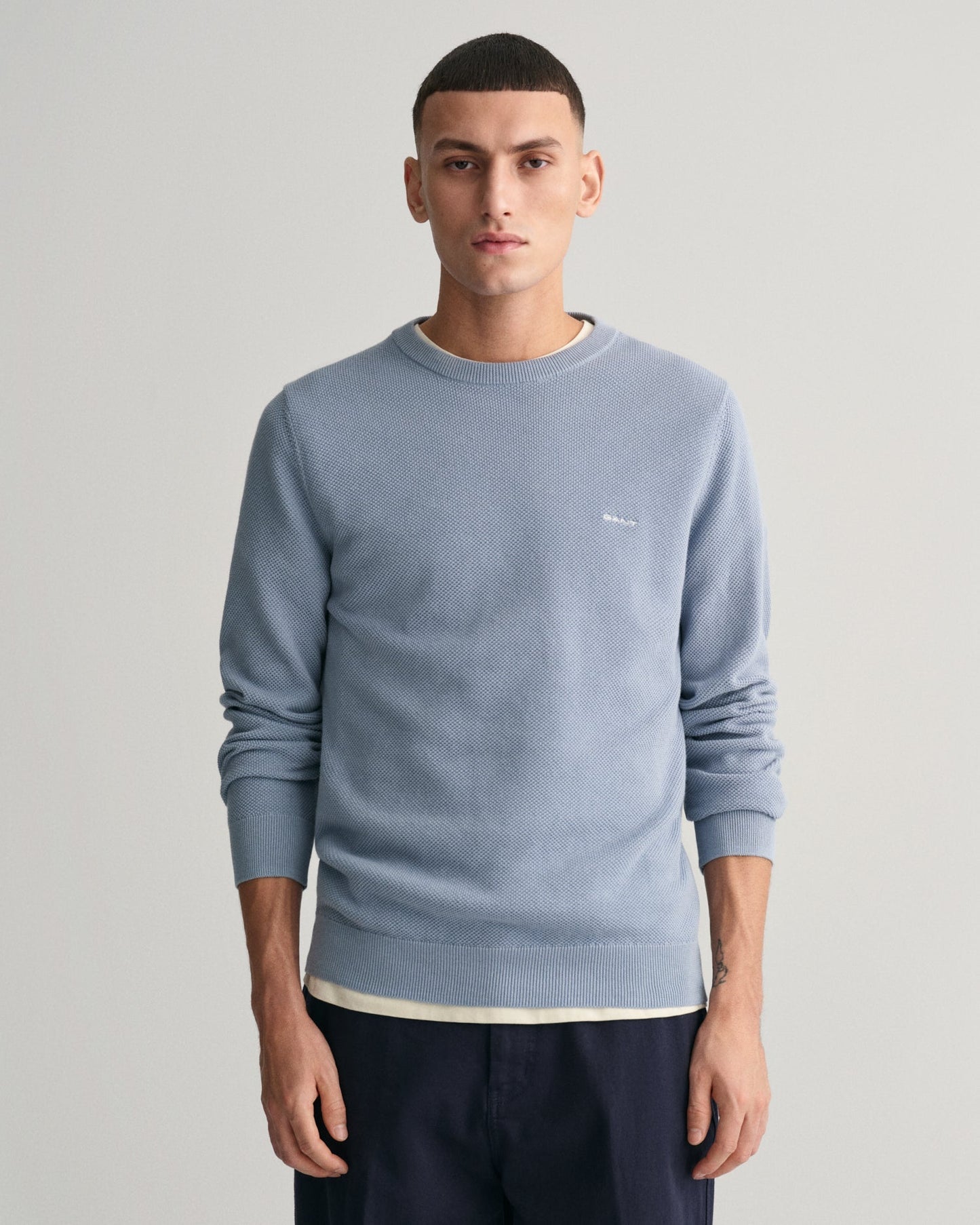 Men's Cotton Piqué Crew Neck Sweater - DOVE BLUE