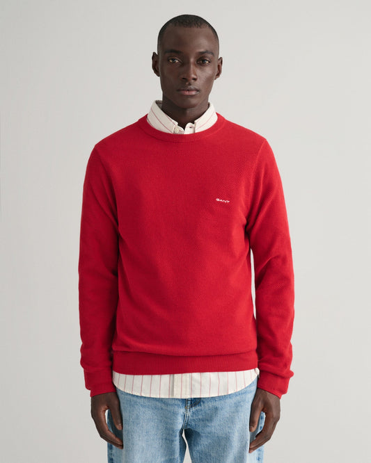 Men's Cotton Piqué Crew Neck Sweater - RUBY RED