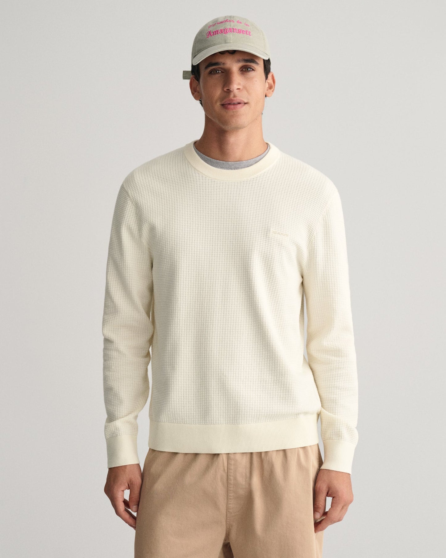 Men's Textured Cotton Crew Neck Sweater - CREAM