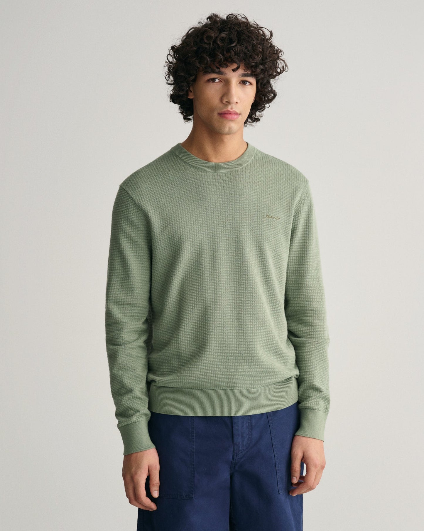 Men's Textured Cotton Crew Neck Sweater - KALAMATA GREEN