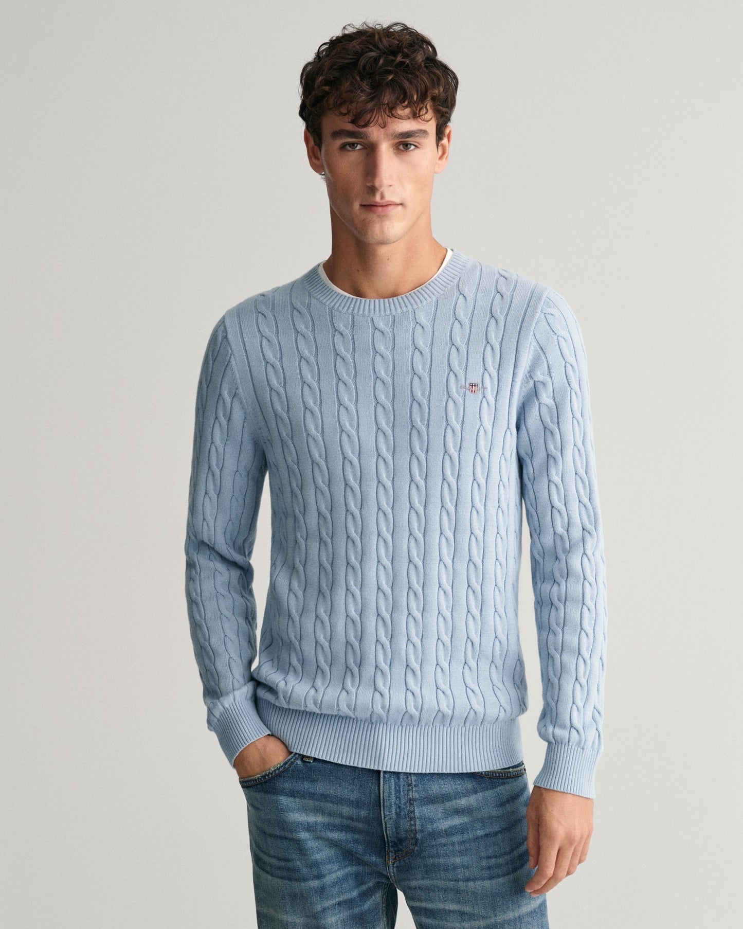 Men's Cotton Cable Knit Crew Neck Sweater - DOVE BLUE