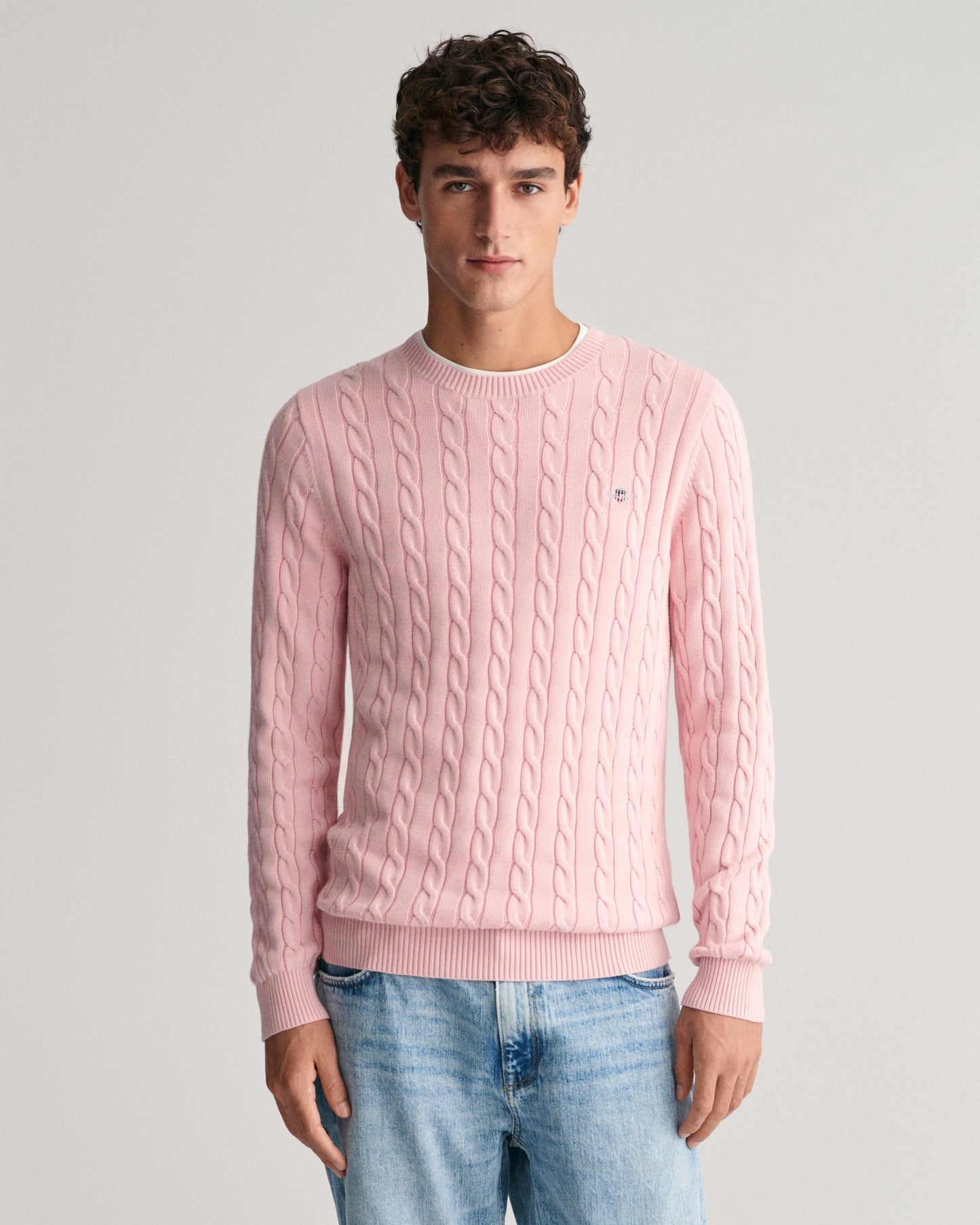 Men's Cotton Cable Knit Crew Neck Sweater - BLUSHING PINK