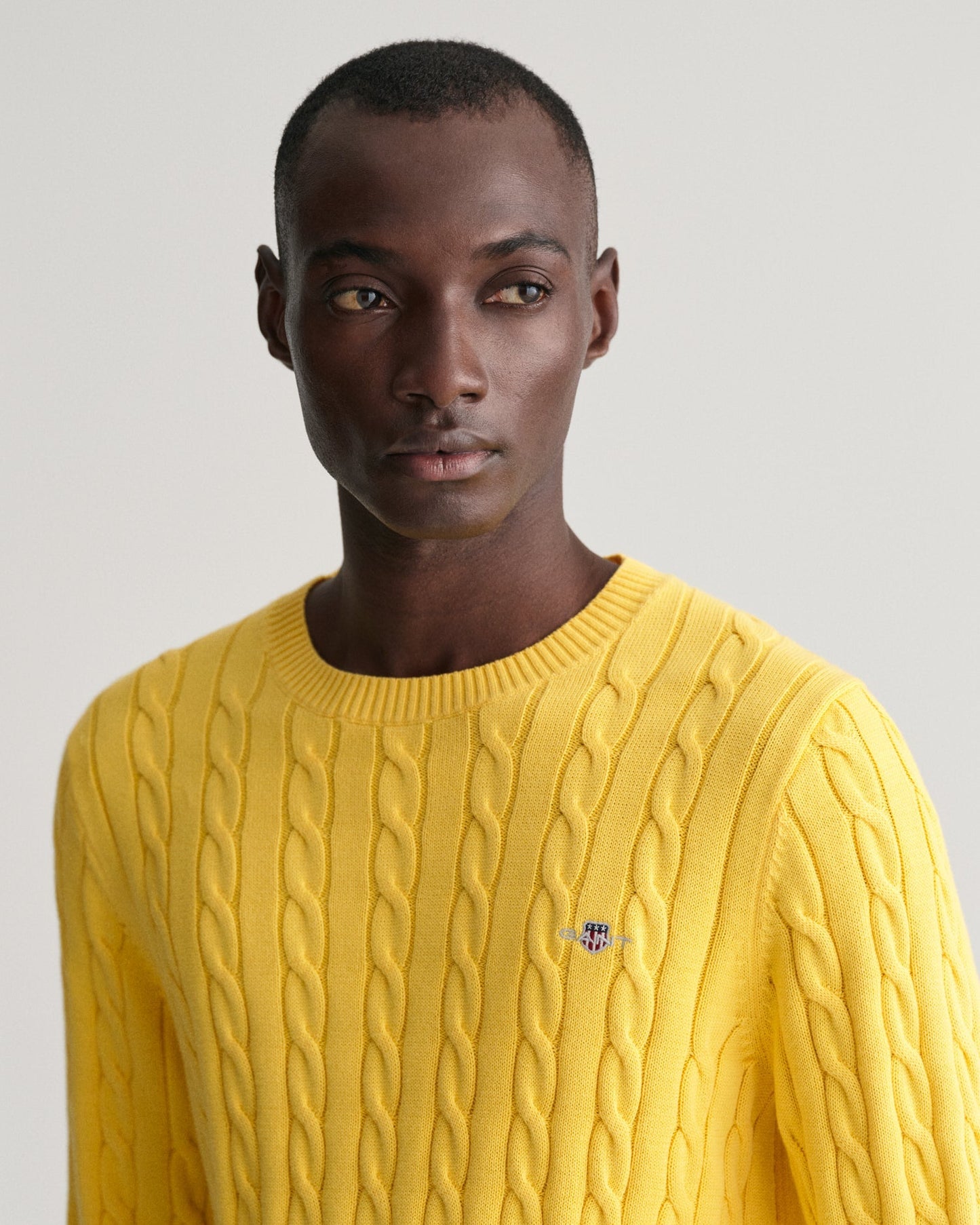 Men's Cotton Cable Knit Crew Neck Sweater - SMOOTH YELLOW