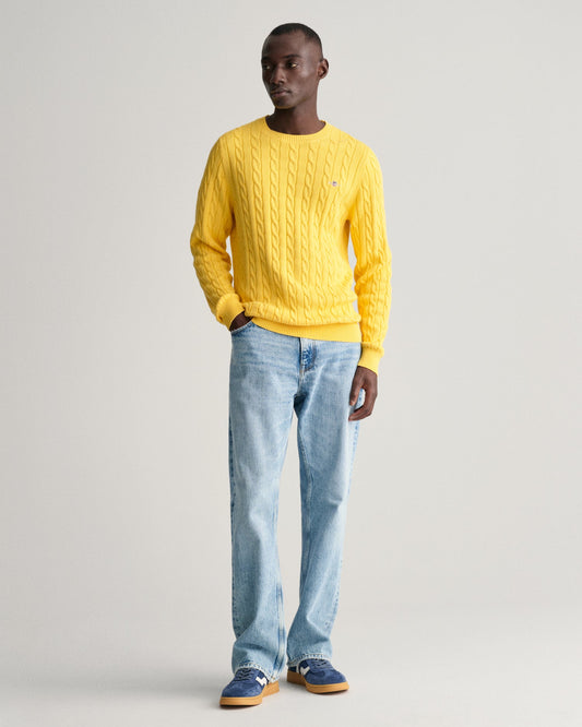 Men's Cotton Cable Knit Crew Neck Sweater - SMOOTH YELLOW