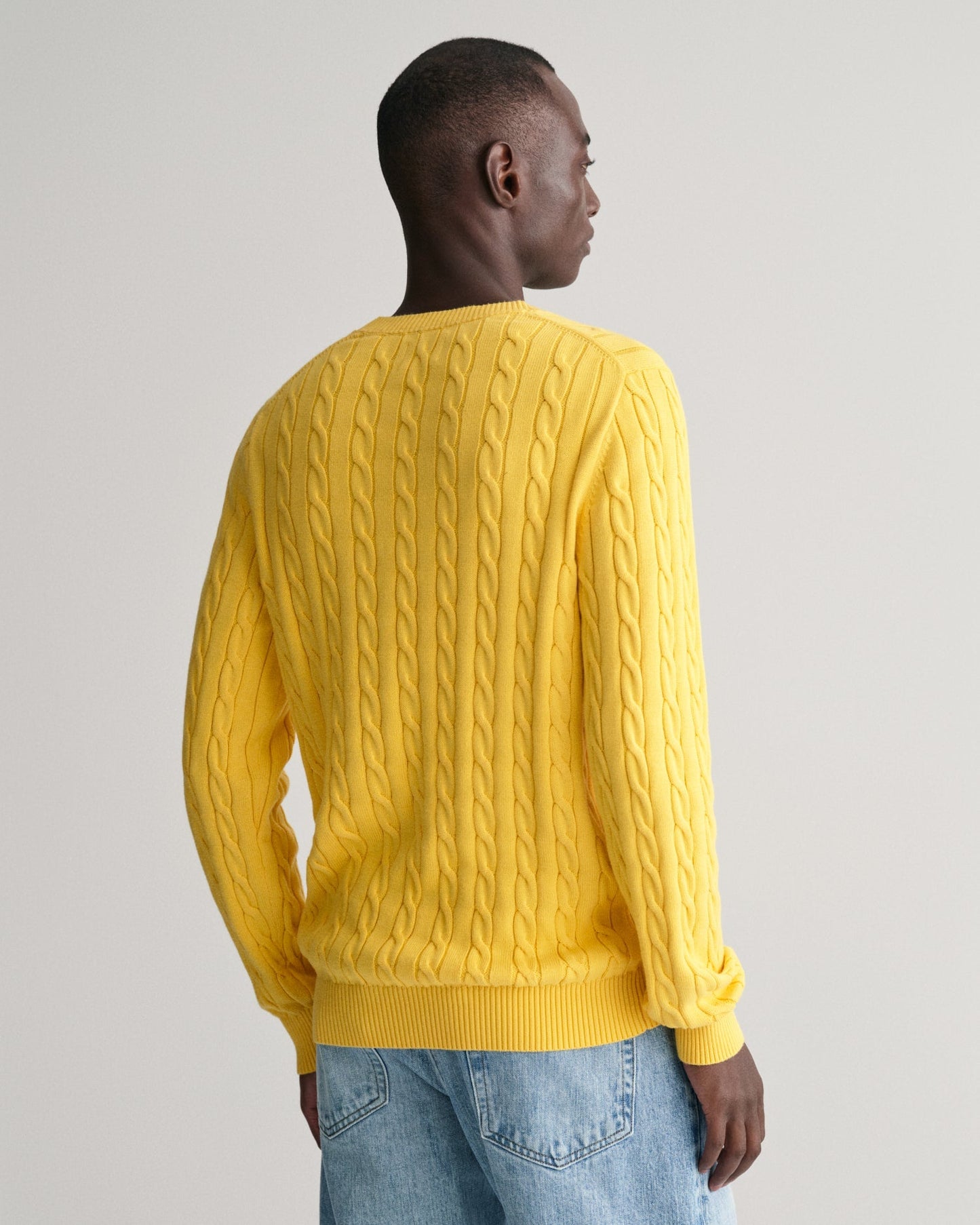 Men's Cotton Cable Knit Crew Neck Sweater - SMOOTH YELLOW