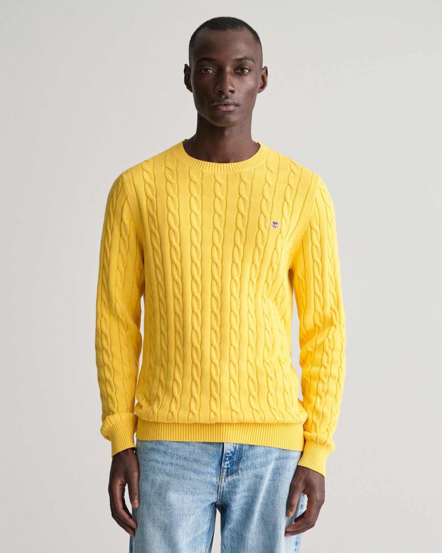 Men's Cotton Cable Knit Crew Neck Sweater - SMOOTH YELLOW