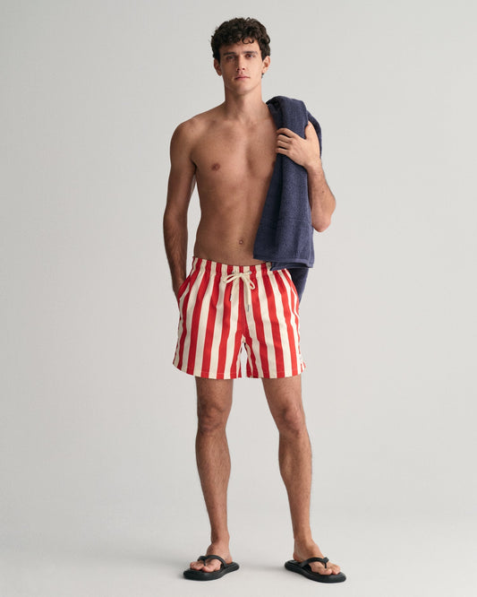 Men's Block Striped Swim Shorts - BRIGHT RED