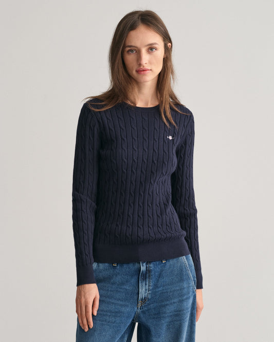 Women's Stretch Cotton Cable Knit Crew Neck Sweater - EVENING BLUE