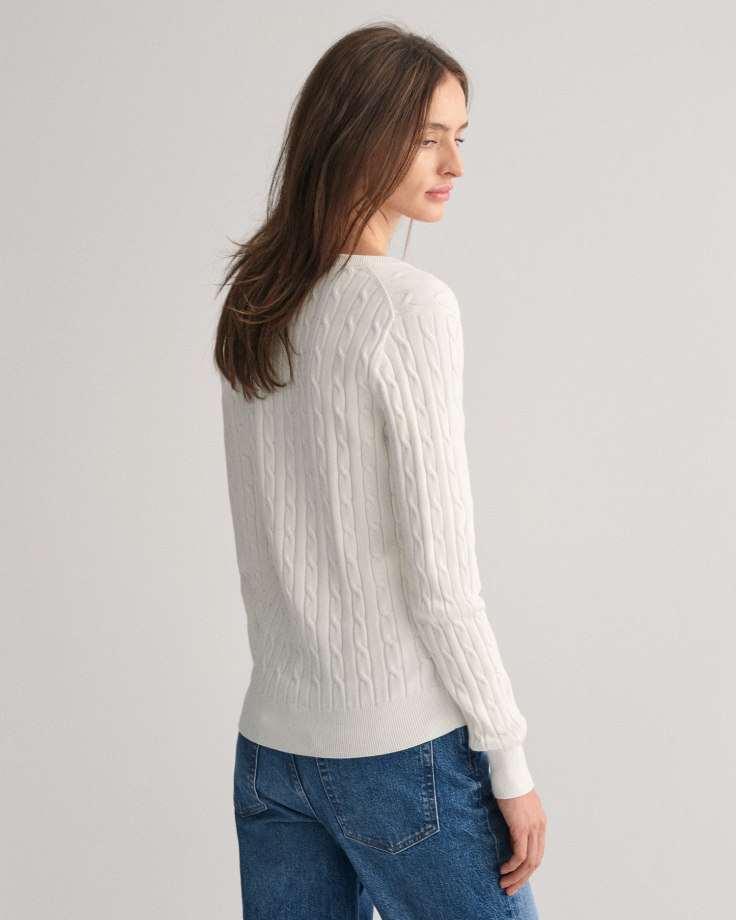 Women's Stretch Cotton Cable Knit V-Neck Sweater - EGGSHELL