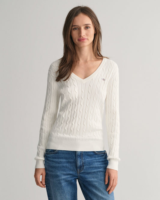 Women's Stretch Cotton Cable Knit V-Neck Sweater - EGGSHELL