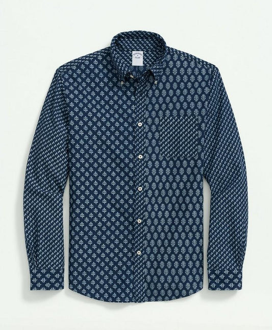 Fun Patterned Sport Shirt in Indigo-Dyed Cotton