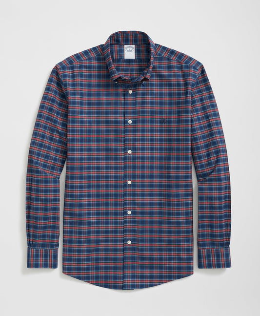 Stretch Cotton Non-Iron Oxford Polo Button Down Collar, Tartan Shirt