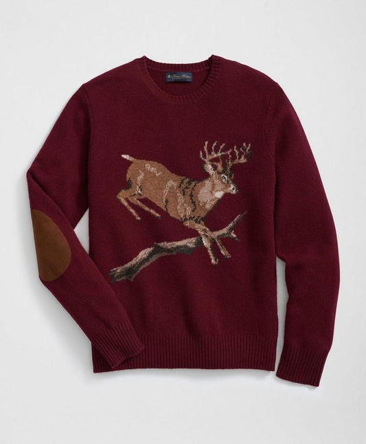 Merino Wool Crewneck Sweater with Deer Intarsia Motif