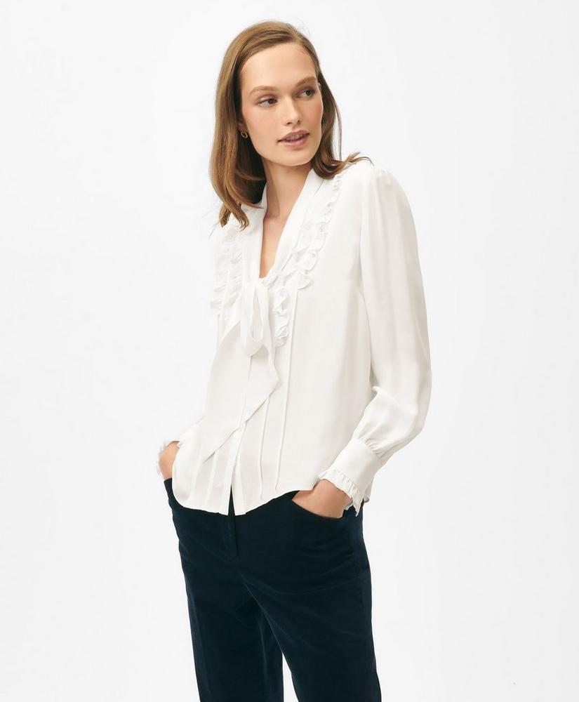 Ruffle Placket Tie-Neck Blouse in Georgette Silk