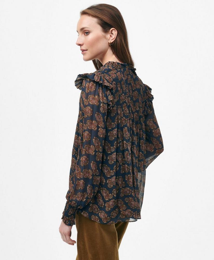 Ruffle Detail Tie-Neck Blouse in Paisley Chiffon with Removable Camisole