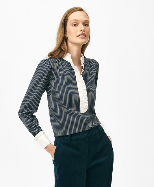 Contrast Ruffle Detail Shirt in Dobby Stripe Cotton