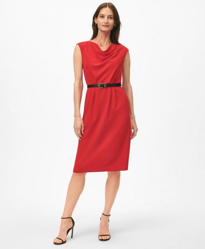 Cap Sleeve Belted Cowl Neck Dress in Fine Twill Stretch Crepe