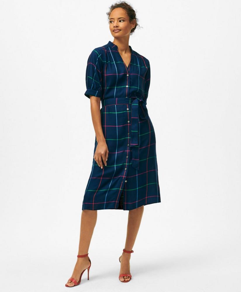 Puff Sleeve Belted Windowpane Shirt Dress