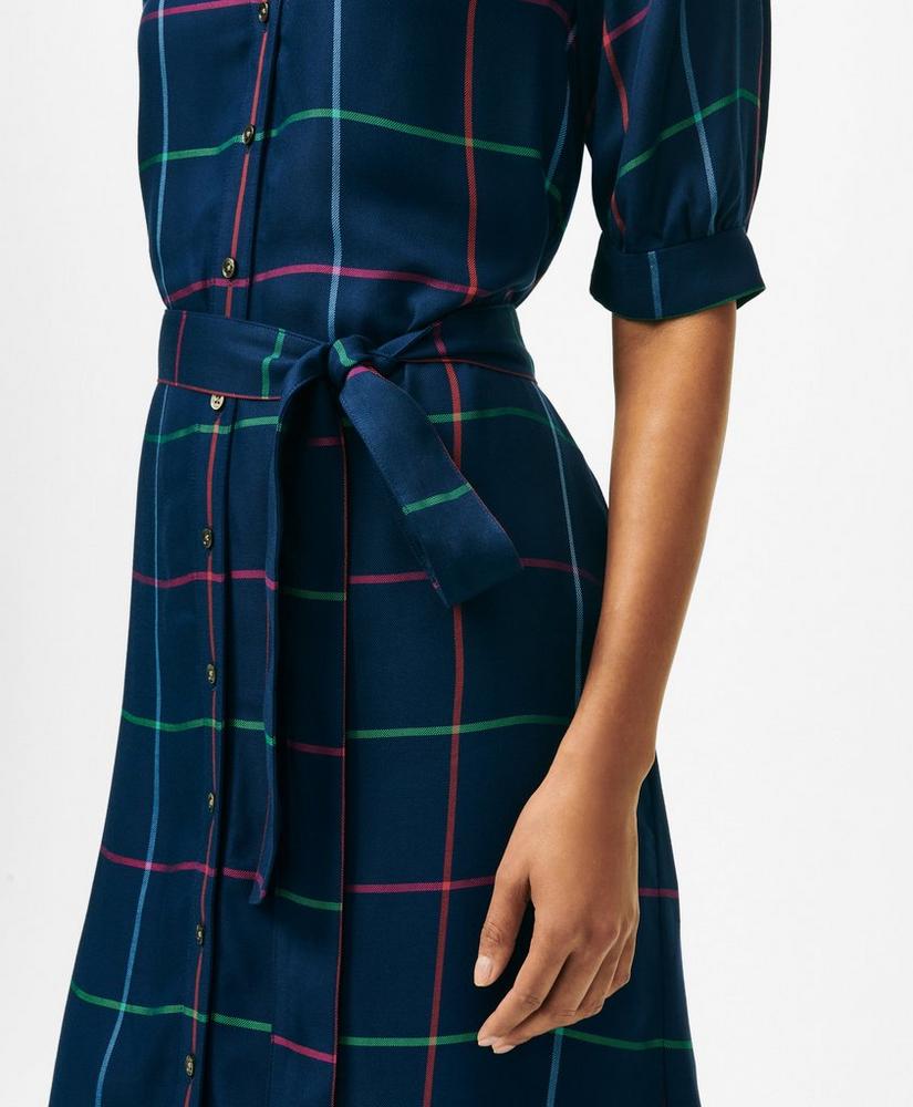 Puff Sleeve Belted Windowpane Shirt Dress