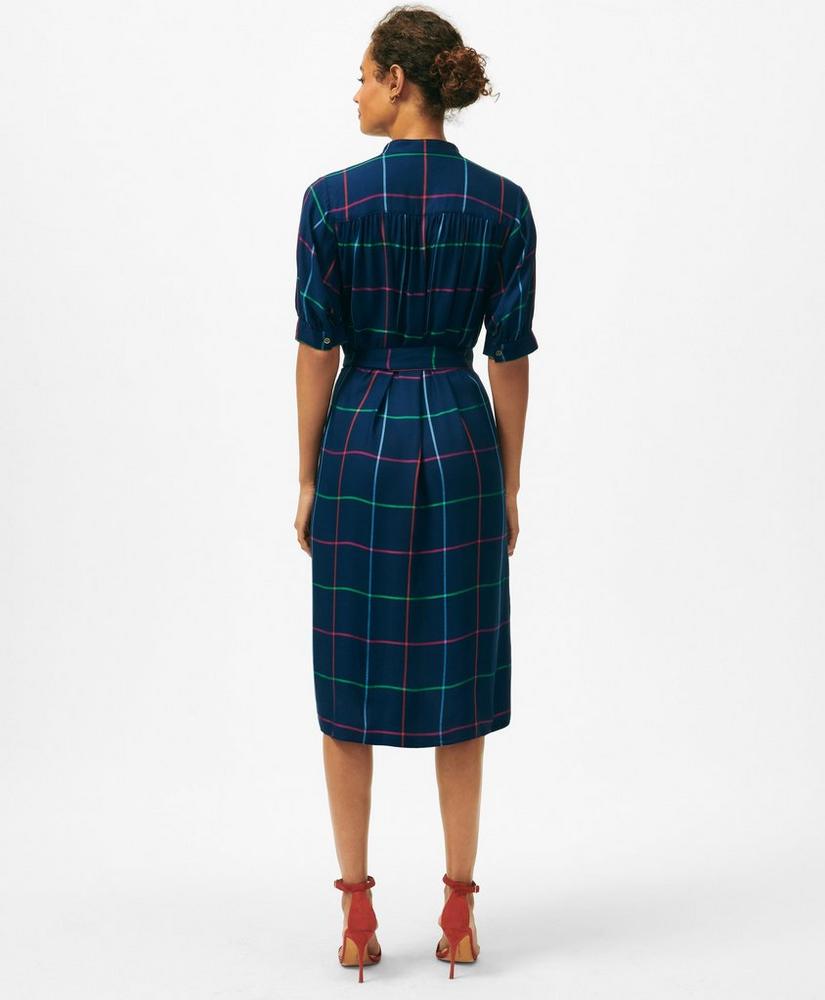 Puff Sleeve Belted Windowpane Shirt Dress