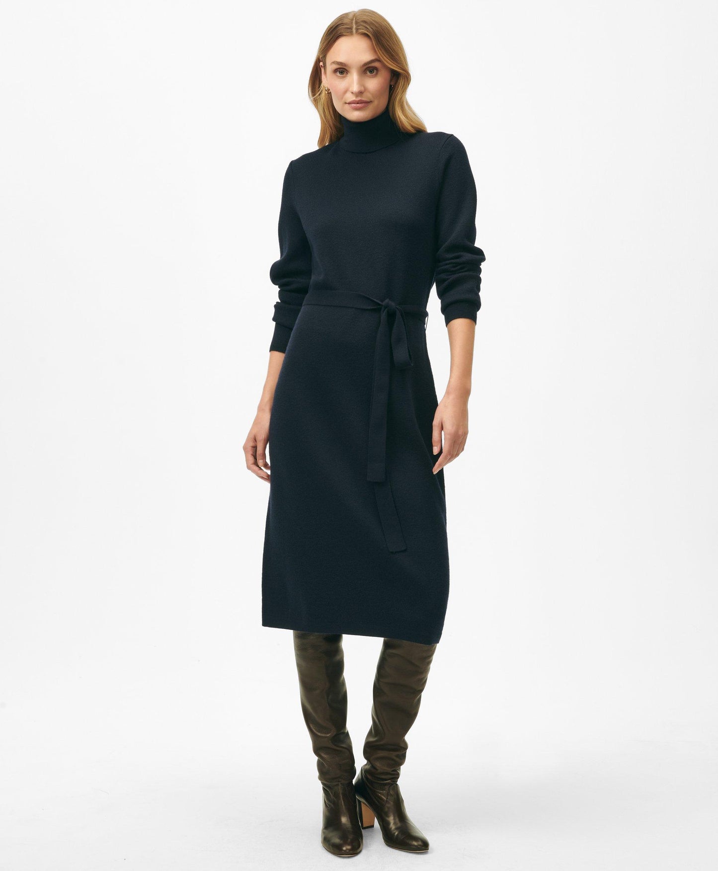 Belted Turtleneck Sweater Dress in Merino Wool